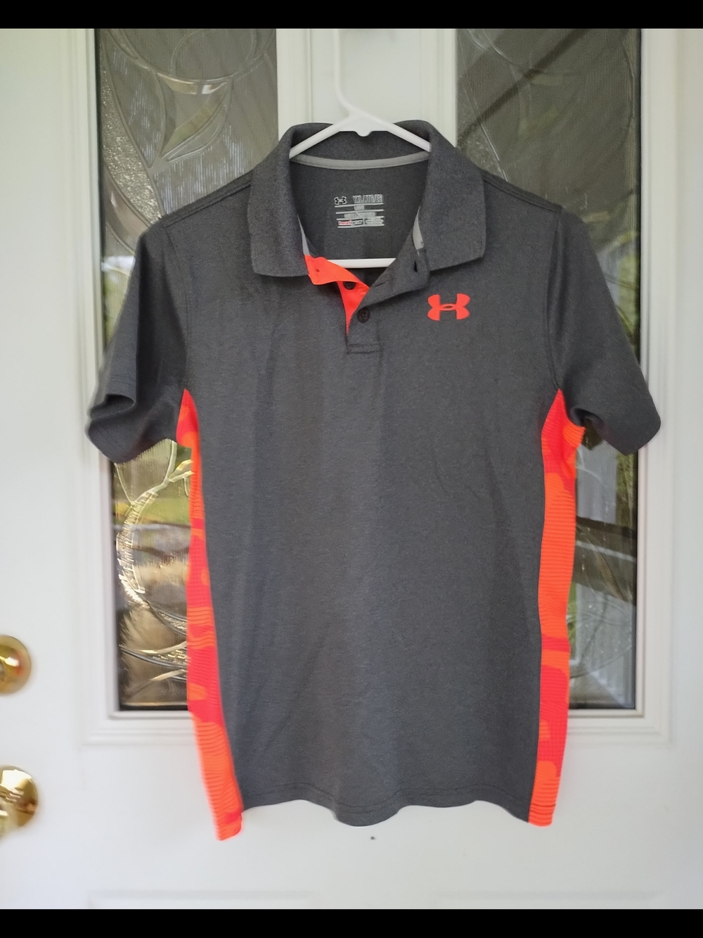 Under Armour Gray Polo with Neon Orange Side Panels, Size YXL